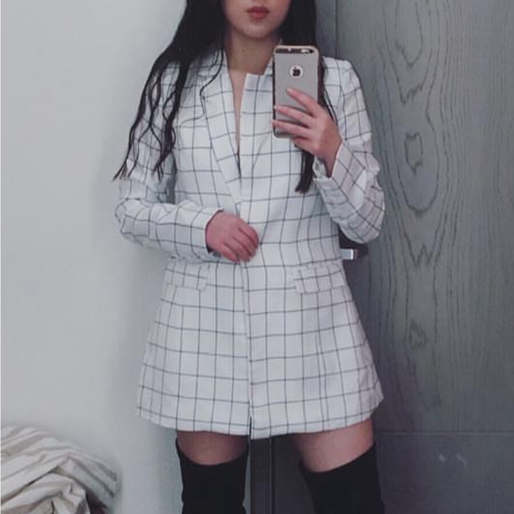 J.O.A. White and Black Windowpane Blazer with Structured Silhouette